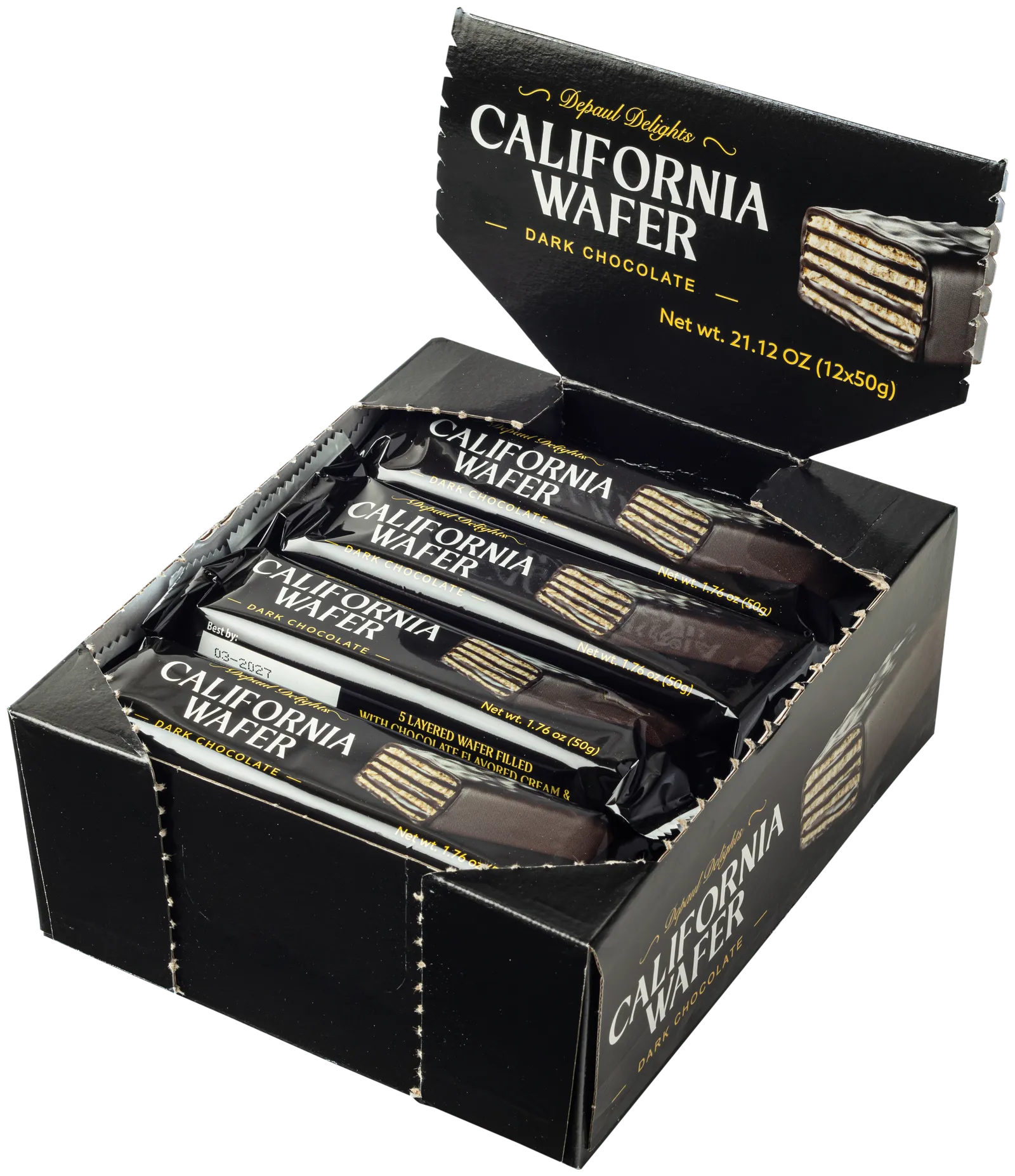DePaul Delights California Wafer Dark Chocolate 12 x 50g retail display case