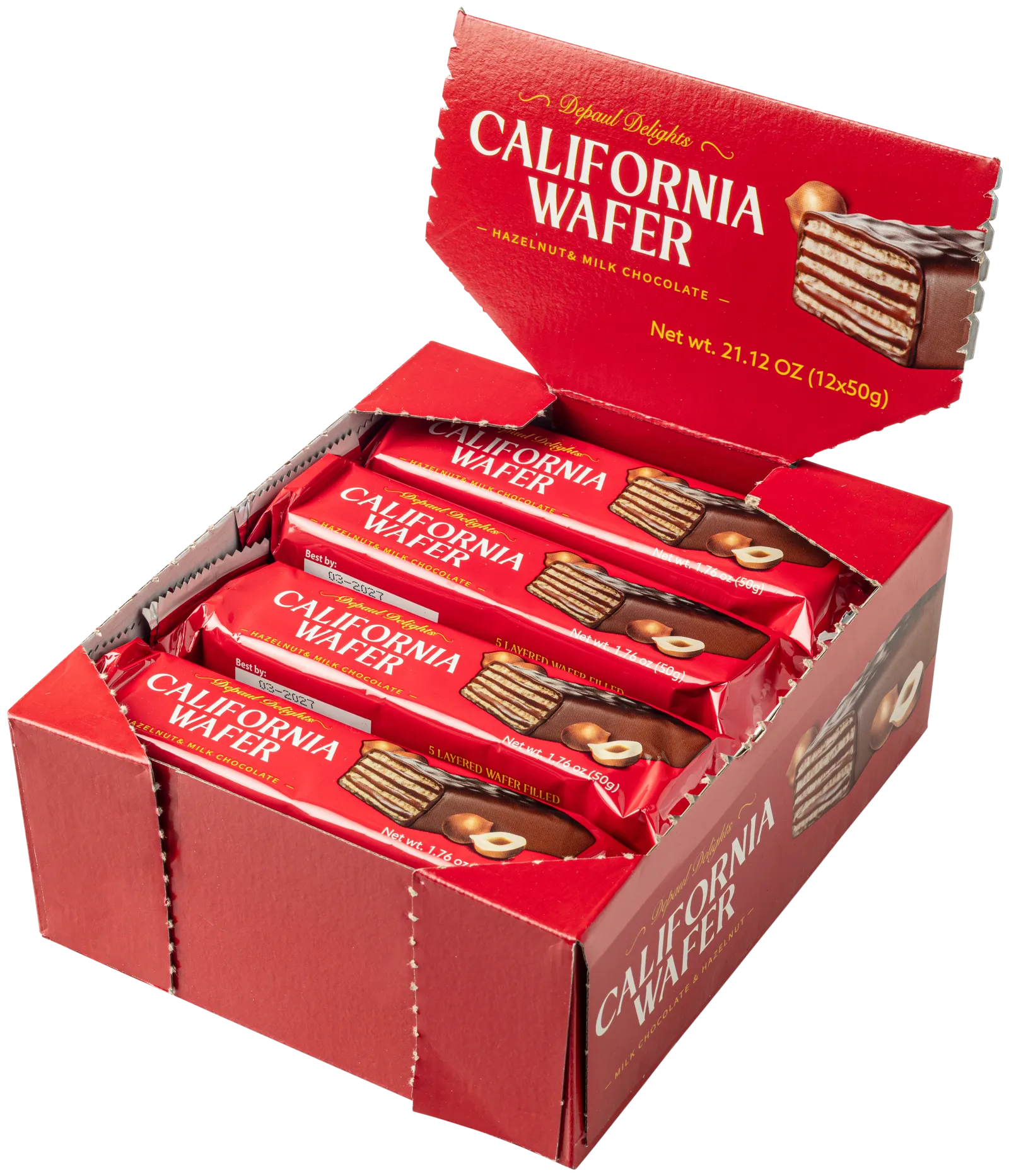 DePaul Delights California Wafer Hazelnut and Milk Chocolate 12 x 50g retail display case