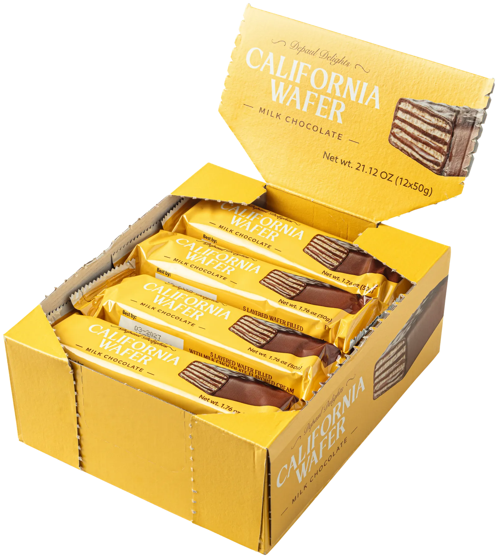 DePaul Delights California Wafer Milk Chocolate 12 x 50g retail display case